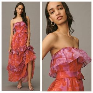 NEW By Anthropologie Floral Strapless Tiered Belted Maxi Dress NWT